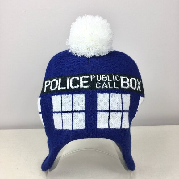 Doctor Who Hat Police Call Box Knit Winter Pompom Ear Flaps Trapper BBC - Picture 1 of 4